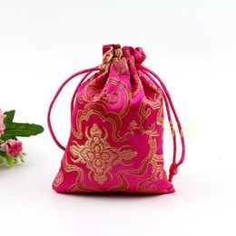 Cheap thin Rich Flower Small Gift Bag Drawstring Silk Brocade Jewellery Storage Pouch Candy Tea Bags Spice Sachet Cloth Packaging