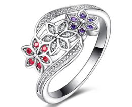 2017 hot sale plating S925 Sterling Silver red white crystal FLOWER Ring High quality woman Luxurious wedding ring Jewellery size US7/8/9