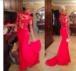 Fashion Appliqued Red Prom Dress 2016 Graduation Dress High Neck Long Sleeve Mermaid Evening Party Gowns vestidos de formatura Illusion
