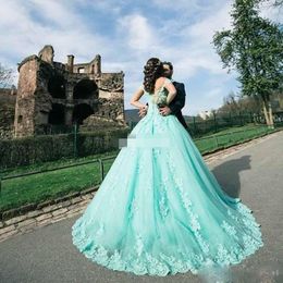 Mint Ball Gown Quinceanera Dresses with Pearls Lace Appliques Ball Gown Prom Dresses For Girls Online Lace Up Prom Gowns265z