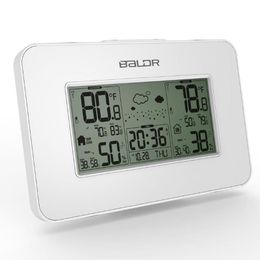 White Weather Station Clock Indoor Outdoor Temperature Humidity Display Wireless Weather Forecast Alarm Snooze Blue Backlight