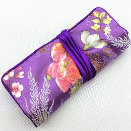 Portable Jewellery Set Packaging Travel Roll Bag Cotton filled Silk Brocade Fabric Zipper Drawstring Storage Pouch For Bridesmaid Wedding Gift