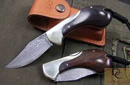DK043 Snail style folding knife hand made DAMASCUS Blade Copper + Ebony handle High quality with leather sheath