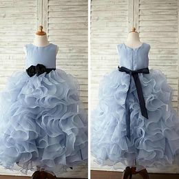 Beautiful Flower Girls' Dresses Ball Gown Jewel Floor-Length Girl Gowns Hand Made Flowers Tiered Ruffles Kid Dress Organza