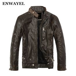 Wholesale- ENWAYEL Autumn Moto Vintage Mens Jackets Coat Motorcycle PU Male Leather Jacket Men Casual Stand Collar Slim Fit lether Brown