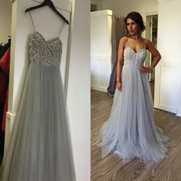 Sexy Exquisite Beads Embellishment Top Prom Dress Long Formal Sweetheart Spaghetti Straps Evening Party Gowns Silver Grey Custom