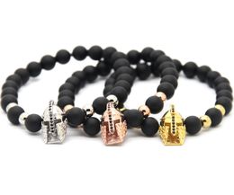 Wholesale 10pcs/lot 8mm Matte Agate Stone Beads with Micro Pave CZ Spartan warrior bracelet, Men Helmet Jewellery