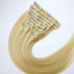 120g 10pcs/1set clip in on hair extensions Double Drown #613/Bleach Blonde 20 22inch Straight Brazilian human hair extensions