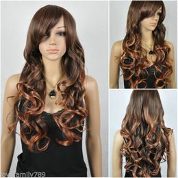 Wholesale free shipping >>>>New Women Mixed Brown Curly Long Cosplay Full WIG+Wig Cap