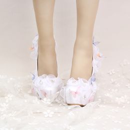 Satin Wedding Shoes Beautiful Flower and Butterfly Bride Party High Heels with Ankle Straps Prom Pumps White and Red Color221S