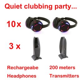 Professional Silent Disco system black led wireless headphones - Quiet Clubbing Party Bundle with 10 headsets and 3 Transmitters