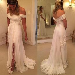 Simple 2016 Chiffon Beach Wedding Dresses Cheap Off Shoulder Pleats Lace Side Split Long Bridal Gowns Custom Made China EN90218