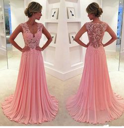 Cheap Blush Pink A Line Chiffon Prom Dresses Lace Appliques Plunging V neck Sexy Evening Gowns Sheer Back Long Floor Length Party Dress