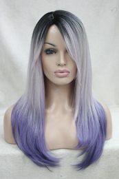 free shipping Charming beautiful fashion heat ok ombre black root with white and purple mix top quality straight long wig