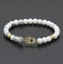 Wholesale 6mm Natural White Howlite Marble Stone Beads Micro Pave Zircons Fatima Hand Hamsa Charm Bracelets Girl Gift