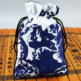 Elegant Small Cotton Linen Cloth Jewelry Pouch Gift Bags Printed Drawstring Ring Earring Necklace Packaging Bag Coin Pocket Storage Bag
