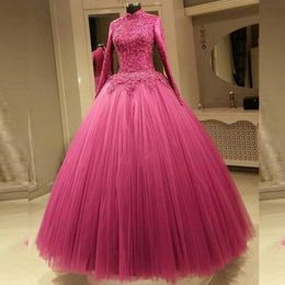 Modest Muslim Prom Dresses High Neck Long Sleeves Lace Appliques Puffy Tulle Floor Length Ball Gown Prom Dress Evening Party Gowns
