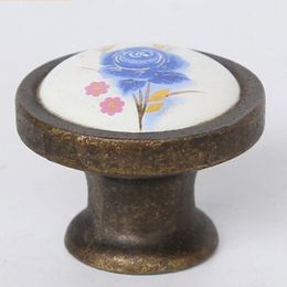 36mm handle fashion retro rural ceramic furniture antique brass bronze cabinet dresser handles knob blue flower ceramic drawer knobs