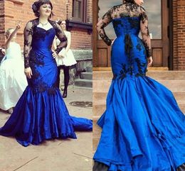 Blue Black Lace Mermaid Evening Dresses With Sheer Long Sleeve Jacket 2022 Mother Dress Formal Prom Party celebrity Evening Gowns