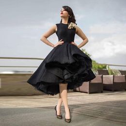 2016 Krikor Jabotian Black Evening Dresses Jewel Lace Tea Length Satin Ruffles Ball Gown Prom Dresses High Low Skirt Party Dresses