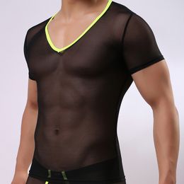 Men's Sexy Short Sleeve Mesh See Through Gyms Gay Tank Tops Stage Performance Wear Fitness Transparent Undershirts Body Shaper