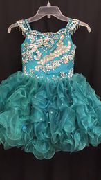 2016 Toddler Pageant Dresses with Beaded Straps and Tiered Skirts Real Pictures Crystals Rhinestones Organza Cupcake Girls Pageant Gowns