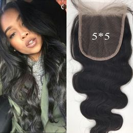 Indian Human Hair Lace Closure 5x5 Bleached Knots Virgin Natural Black Free Middle Three Part Closures