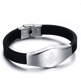 Rostfritt stål Hälsa Energi Svart Silikon Identifiering Armband Gratis Mason Masonic Emblem High Polished