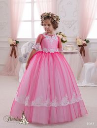 2016 Kids Prom Dresses with Half Sleeves and Buttons Back Lace Appliques Red Tulle Princess Flower Girls Gowns Custom Made