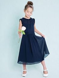 Custom Made Dark Navy Junior Bridesmaid Dresses Cheap Column Jewel Sleeveless A-Line Ruffles Zipper Back Flower Girl Dresses