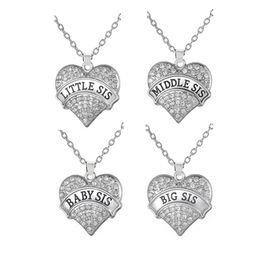 Drop Shipping Big Sis Middle Sis Little Sis Baby Sis Crystal Heart Pendant Necklace Sisters Jewellery Gift Boho Style