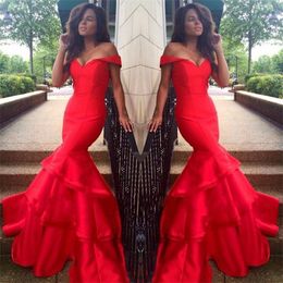 New 2k17 Red Mermaid Evening Dresses Wear Off Shoulder Long Prom Dress Party Gowns Sexy 2017 Tiered Skirts Long Sweep Train Celebrity Dress