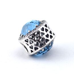 Fits Pandora Charms Bracelet 925 Sterling Silver Beads Radiant Hearts Charm Sky Blue Crystal & Clear CZ DIY Jewellery Making 1pc/lot