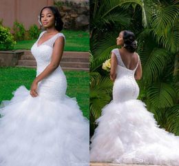 New Mermaid Wedding Dresses Deep V Neck Beading Layers Mermaid Wedding Gowns Chapel Train Lace Up Back Beach Bridal Dress yo30