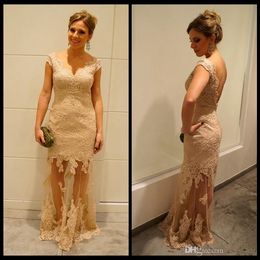 2017 Applique Lace Prom Gowns V Neck evening dresses women formal Elegant Party Dress Sexy Backless Illusion vestidos de festa prom dresses