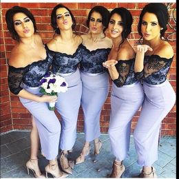 Lilac Sexy Black Lace Bridesmaid Dresses Cheap Off Shoulder Half Sleeves Back Slit Ankle Length Maid Of The Honor Party Gowns For Wedding