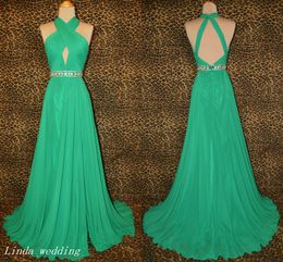 Emerald Green Open Back Prom Dress Beautiful Sexy Halter Beaded Long Chiffon Women Special Occasion Dress Evening Party Gown