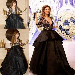 Free Shipping Arabic Myriam Fares Black Evening Dress New Ball Gown Long Taffeta Formal Party Gown Celeybrity Dress With Sleeves