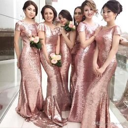 Sparkle Rose Pink Sequins 2018 New Mermaid Bridesmaid Dresses Short Sleeves Backless Long Wedding Party Maid Plus Size Honour of Gowns Custom