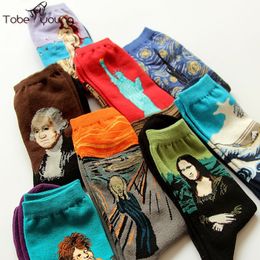 Wholesale-Women Men Unisex Art Painting Cotton Crew Socks Funny Novelty Starry Night Vintage Retro Long 2016 Fashion Ankle Sock 20 Styles