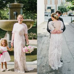 Plus Size Bohemian Wedding Dress Romantic Full Lace Sheer Jewel Neck Short Sleeves Backless Sheath Boho Bridal Gowns with Sweep Train