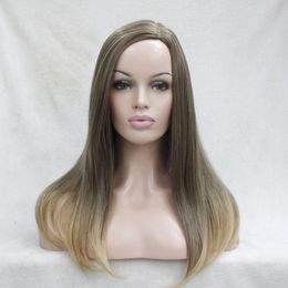 free shipping beautiful fashion New No bangs Light Brown mix golden blonde tip Long Straight Middle Part Women wig