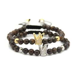 Wholesale 10pcs High Grade Jewellery 6mm Bronzite Stone Beads Gold and Platinum Crown Braided Bracelets Men Gift