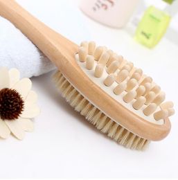 2-in-1 Sided Natural Bristle Body Brush Double Sided Body Scrubber Massage Brush Long Handle Spa Shower Brush