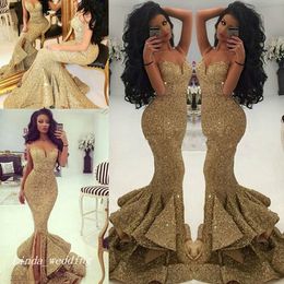 2019 Gold Sequins Prom Dress Sexy Mermaid Spaghetti Straps Special Occasion Dress Formal Evening Party Dress