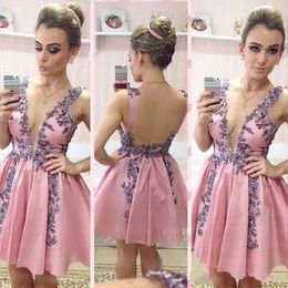 Sexy Deep V Neck Homecoming Dresses Pink Satin Applique Beads Open Back Short Party Dresses Knee Length Prom Cocktail Dresses