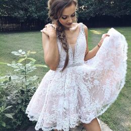 New Arrvial Short Lace Homecoming Dress Cute Beaded Prom Short Dress White Cocktail Dress