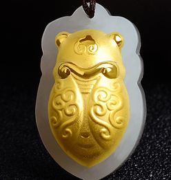 Gold inlaid jade golden cicada (blockbuster). Lucky necklace pendant.