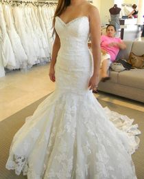 Bling Bling Lace Mermaid Wedding Dresses Sweetheart Ruffles Real Picture Crystal Ivory Bridal Gowns Custom Made Open Back Dress