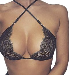 Toptan-Yaz Moda Dantel Hollow Out Kadınlar Sutyen Seksi Halter üst lingerie kırpılmış bralette Çapraz Kayış push up haut büstiyer Y1